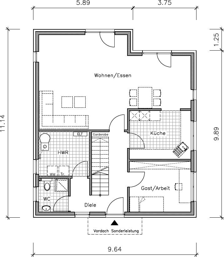 Bauhaus / Flachdachhaus Grundriss Erdgeschoss mit 85,61 m² Grundfläche