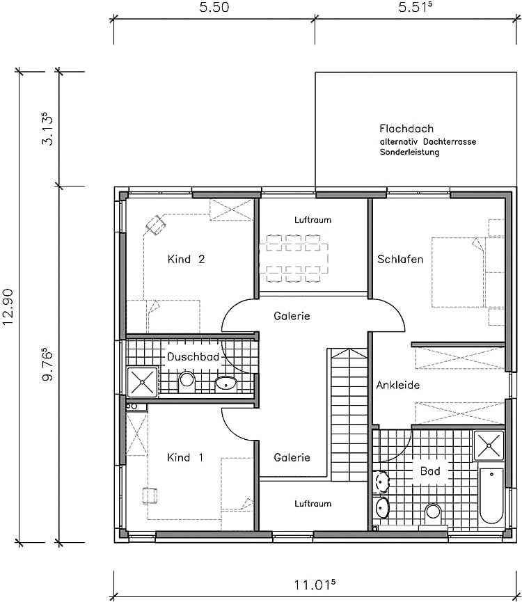 Bauhaus / Flachdachhaus Grundriss Obergeschoss mit 74,47 m² Grundfläche