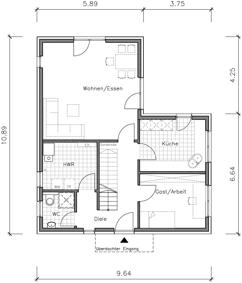 Bauhaus / Flachdachhaus Grundriss Erdgeschoss mit 72,69 m² Grundfläche