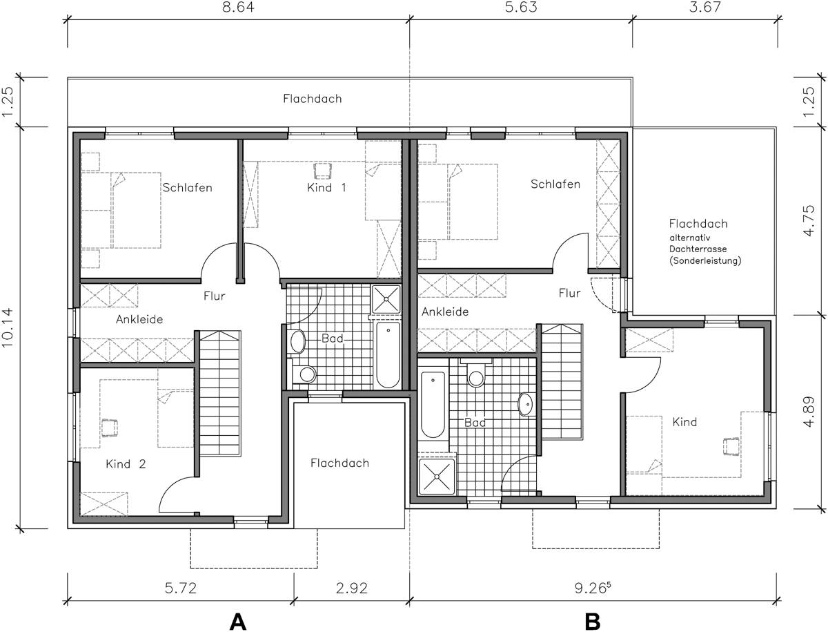 Doppelhaus Grundriss Obergeschoss mit 61,28 m² Grundfläche im Haus A