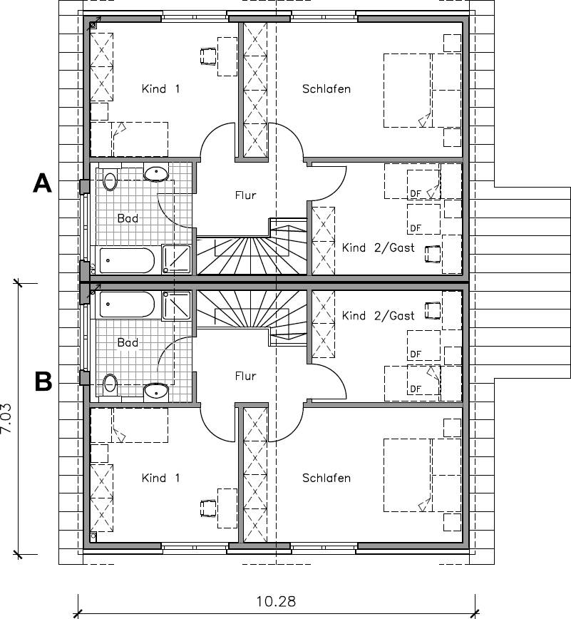 Doppelhaus Grundriss Obergeschoss mit 57,50 m² Grundfläche