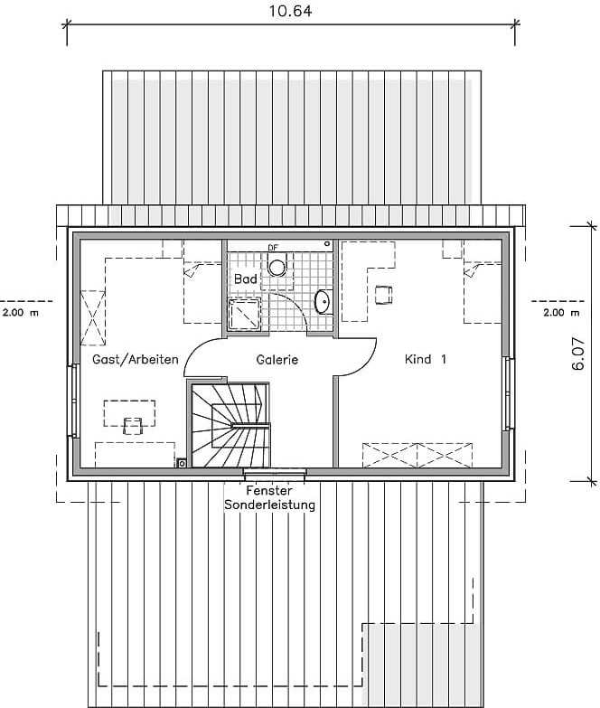 Pultdachhaus Grundriss Obergeschoss mit 49 m² Grundfläche