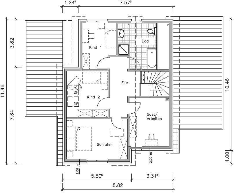 Pultdachhaus Grundriss Obergeschoss mit 68,92 m² Grundfläche