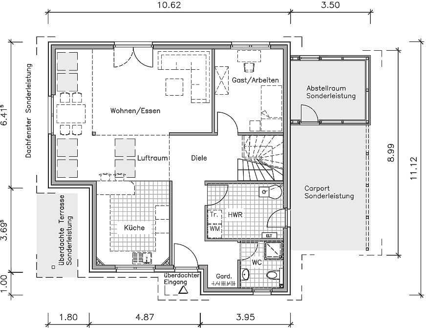 Pultdachhaus Grundriss Erdgeschoss mit 87,10 m² Grundfläche